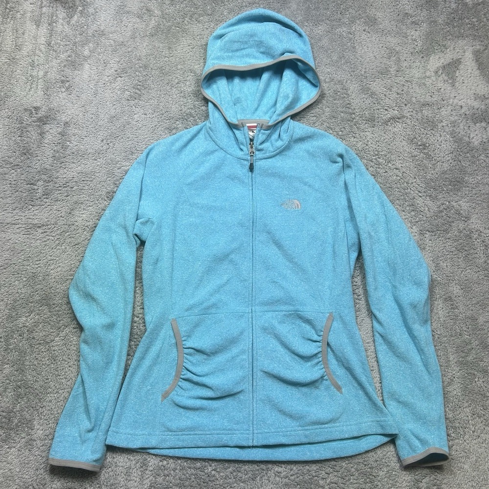The North Face Jacket Women M Light Blue Full Zip Fleece Hooded Outdoor Hiking